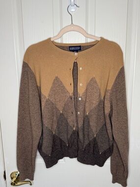Lands' End Vintage 90s Cashmere Tan and Brown Argyle Crew neck Cardigan